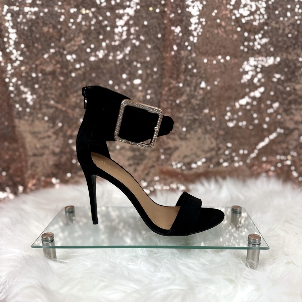 Black Suede Open Toe Heels with Gold Buckle on Ankle Strap